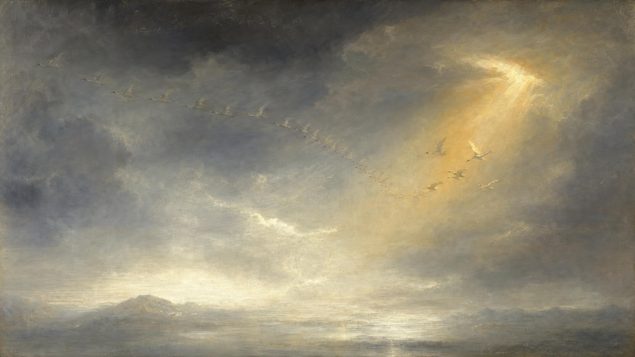 Cranes migrate in loose formation under slate-grey cloud, a warm golden beam guiding scattered stragglers back to the flock.
