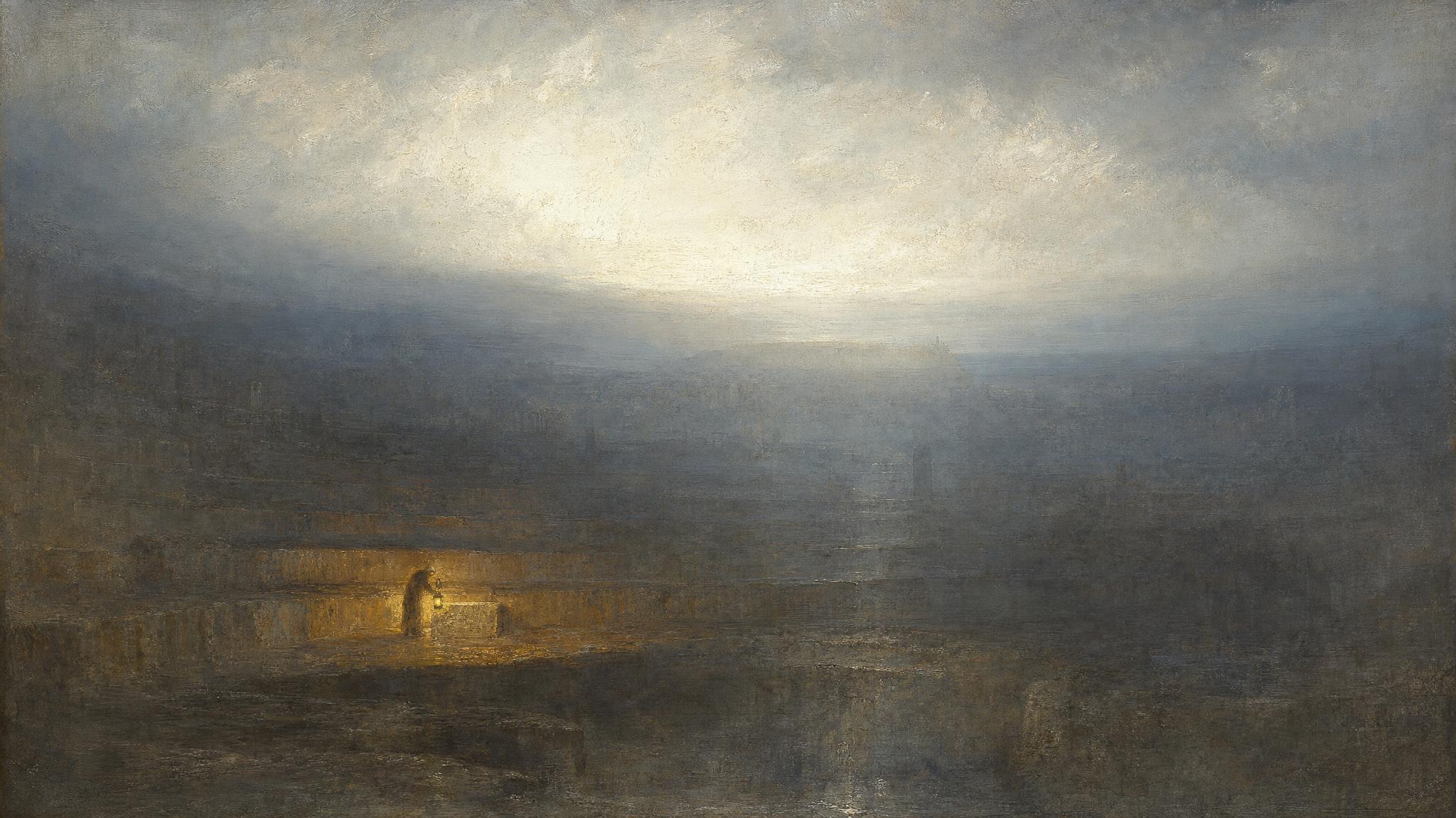 A vast misty stone amphitheatre fades into silver-blue haze, one low tier glowing amber where a small figure studies a single marked stone.