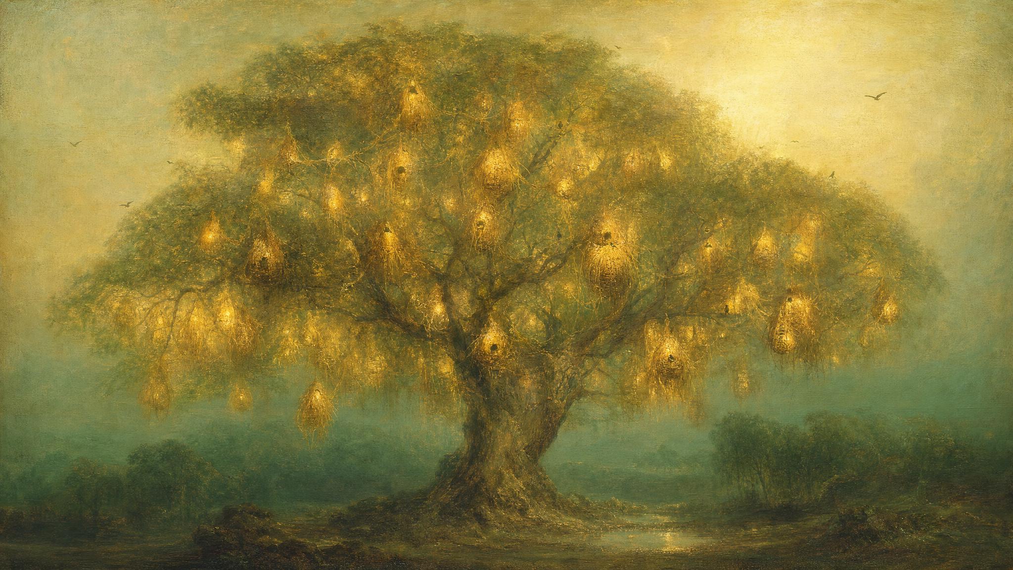 Weaver birds finish golden nests on a great tree, their woven lattice glowing against deep green forest light.