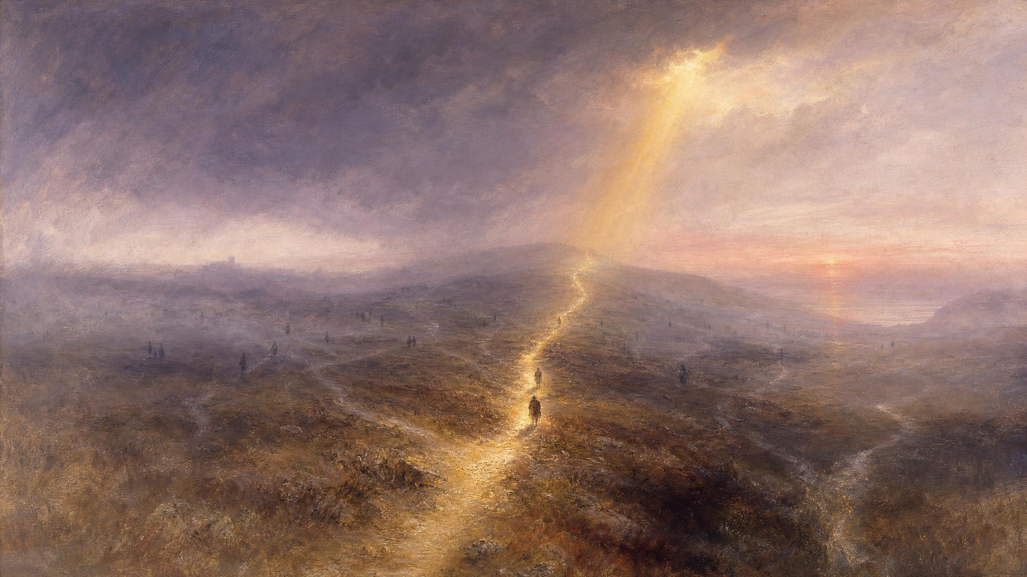 Wanderers cross faint misty moorland paths in silver-blue and violet, while one trail glows gold under a break in the clouds.