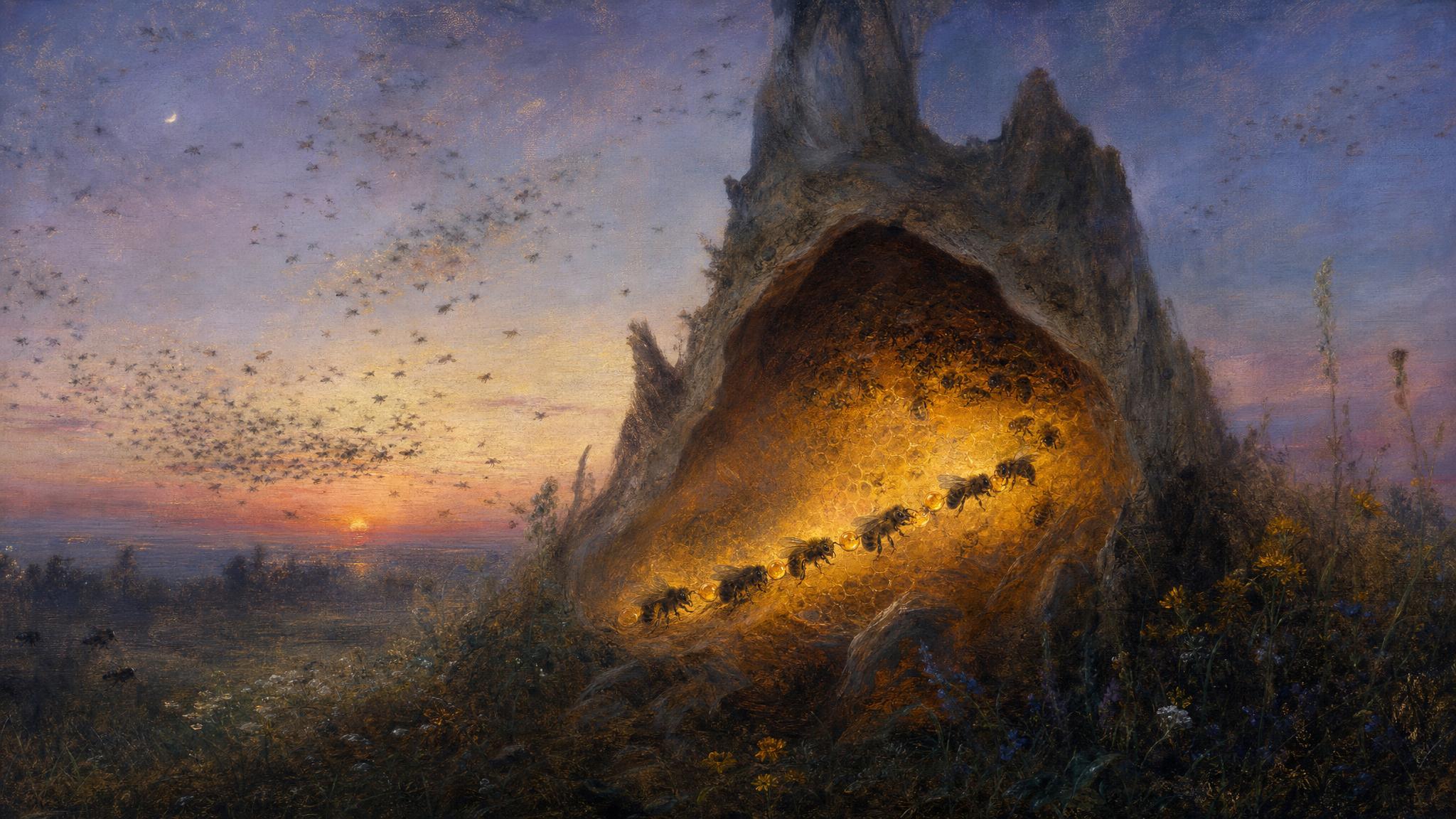 Bees pass glowing amber nectar along a honeycomb chain as a swarm gathers beneath a violet dusk sky.