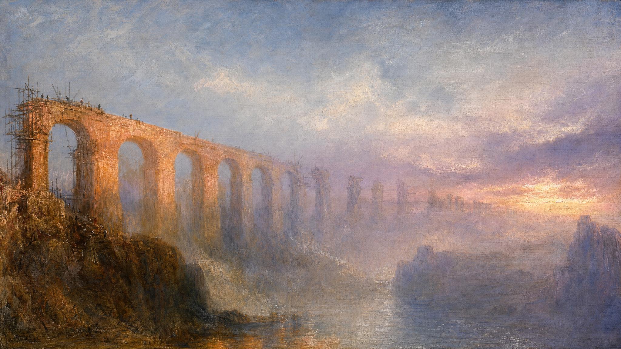 A half-built stone aqueduct glows warm above a misty gorge, its finished arches lit while the far span fades into violet dusk.
