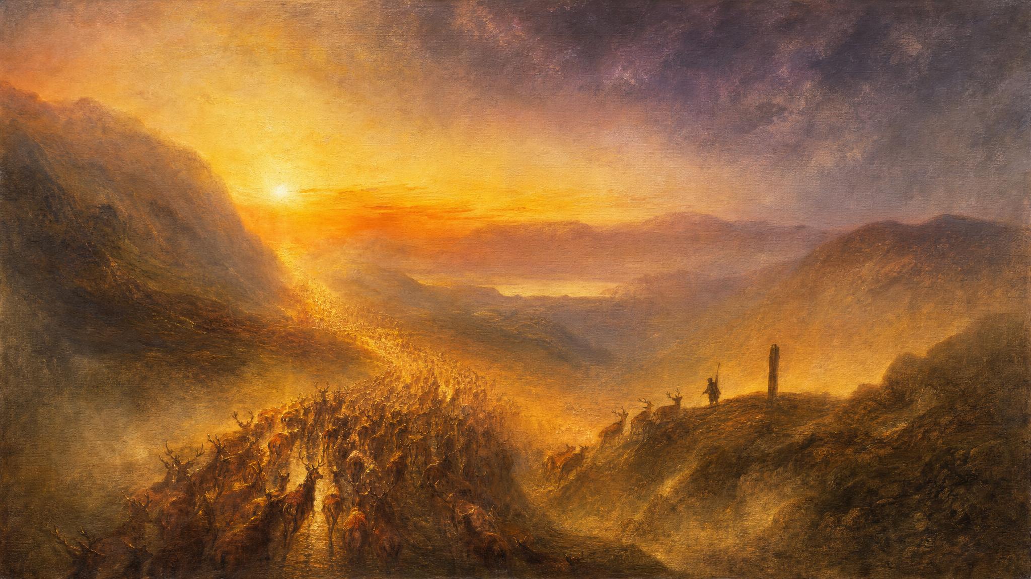 A vast deer herd flows through an amber mountain pass at dusk, a few peeling toward a guided path in golden light.