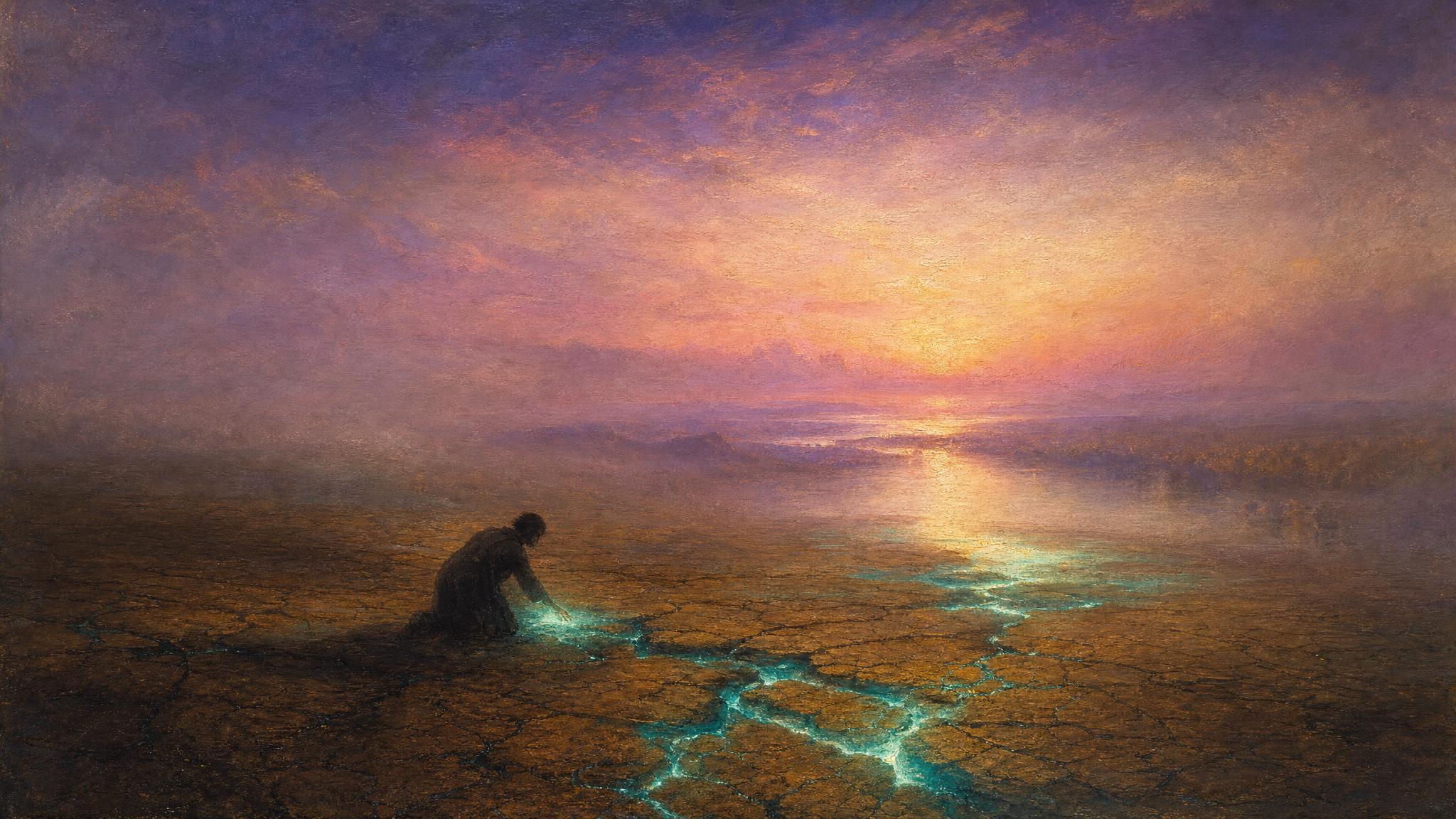 A kneeling silhouette finds glowing turquoise water beneath cracked earth, linked to a hazy river under a violet dusk sky.