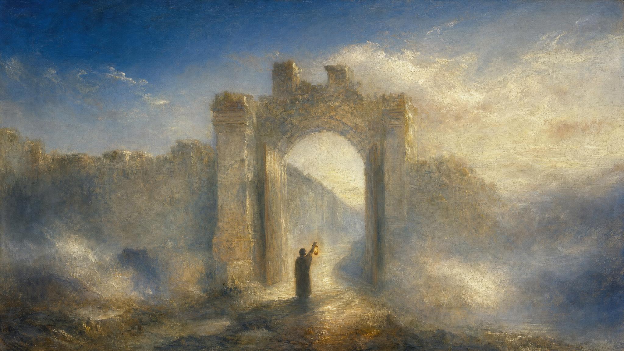 A stone gateway stands wide open in silver-blue light while a lantern-lit figure faces a misty, unmarked passage beyond it.
