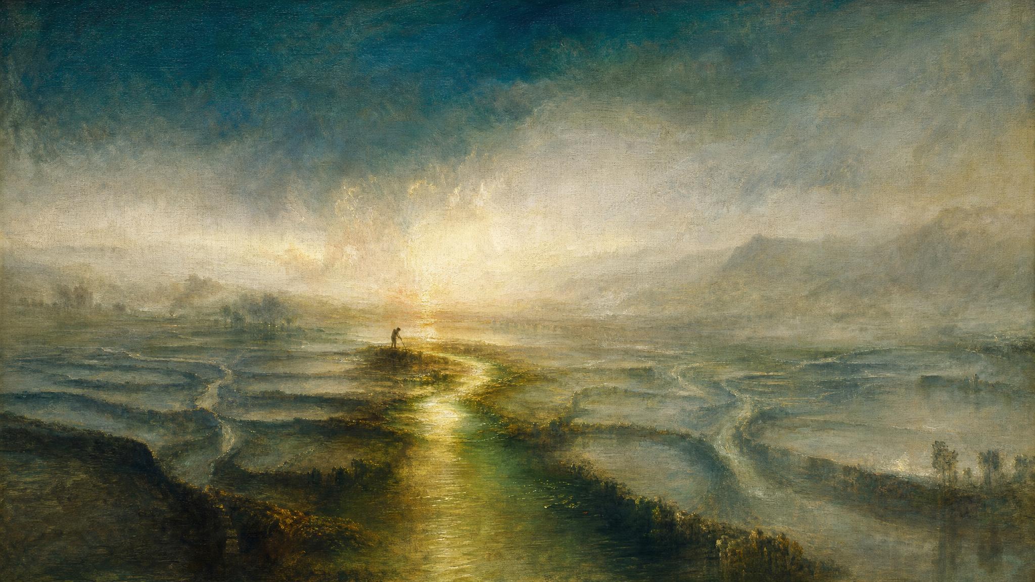 One glowing gold-green irrigation channel cuts through a misty teal plain of dozens of still-dark, unlit channels at dawn.