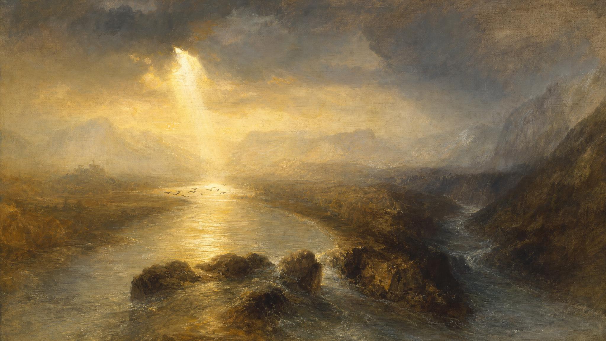 A river forks at rocky cliffs, one channel lit gold under parting slate clouds, birds skimming only the bright, safe path.