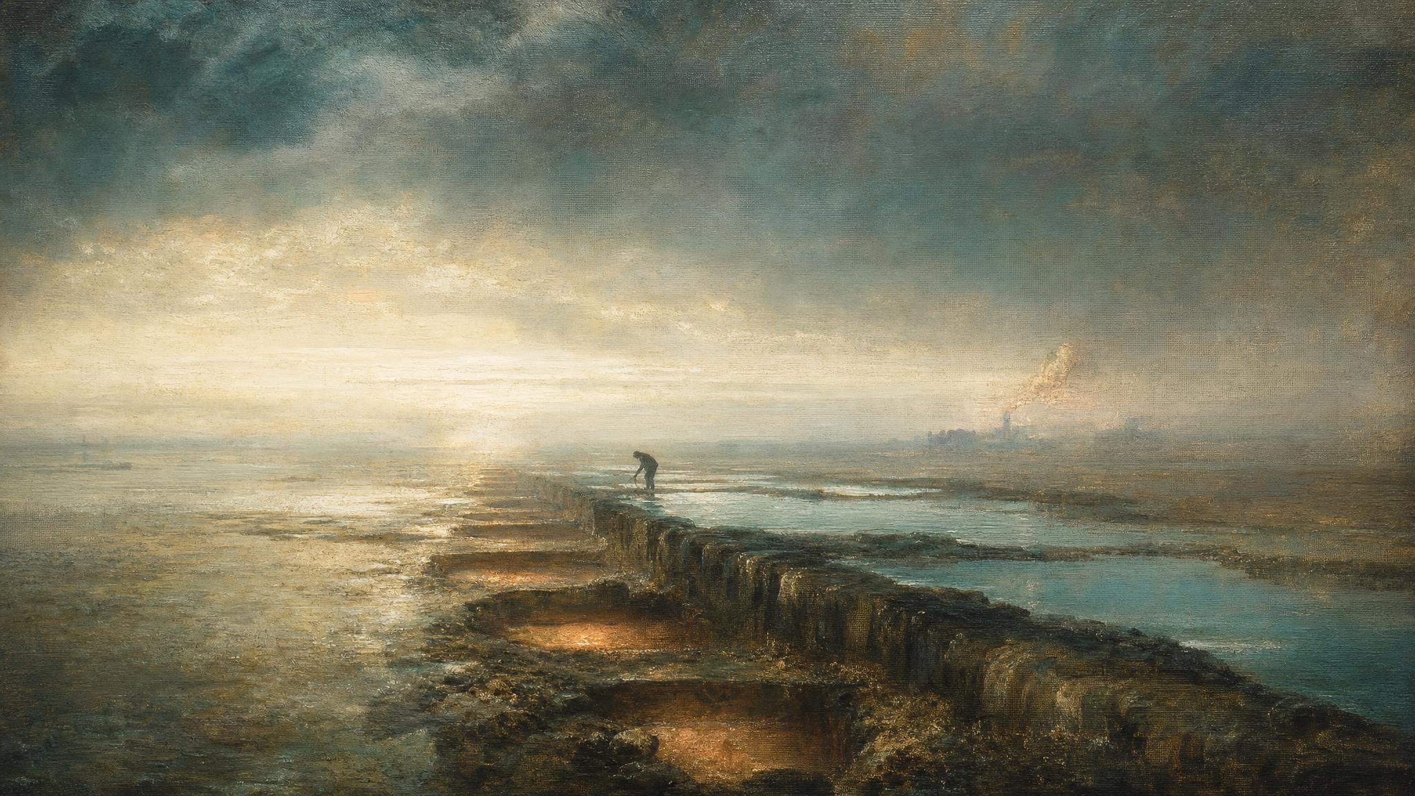 Tidal pools glow teal along a worn stone waterline, a few catching low copper light where they fall short of the mark.