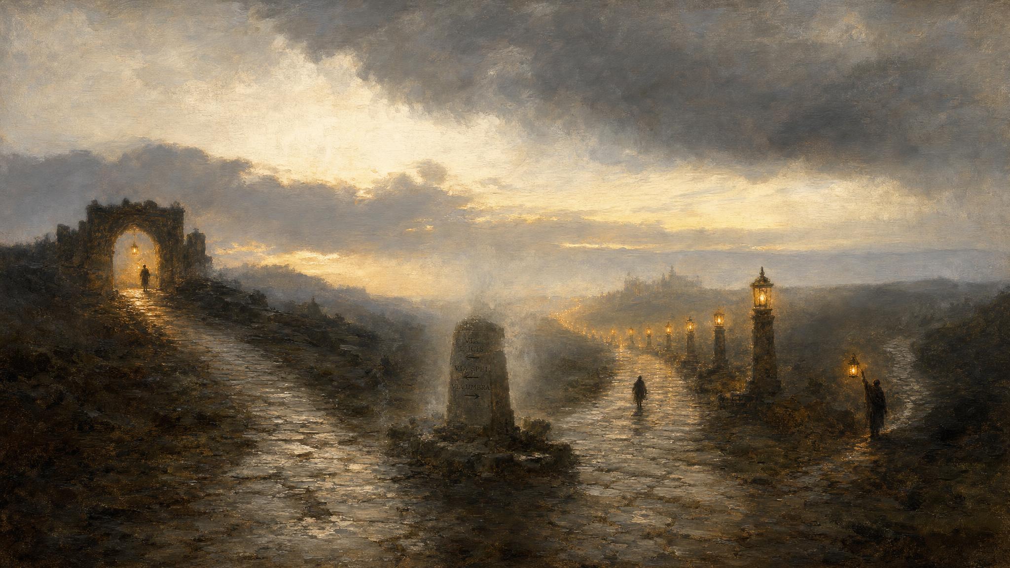 Silhouetted travelers cross stone roads at dusk, guided by warm lantern light against a slate-grey and silver sky.