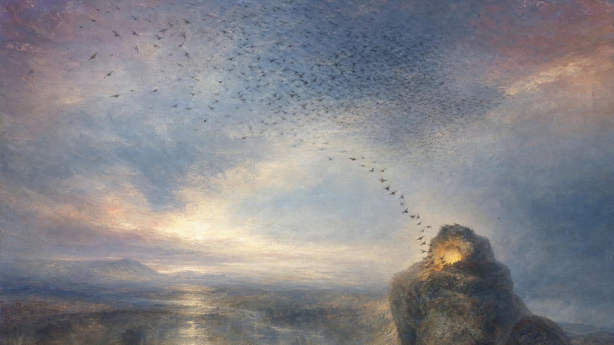 A scattered flock of starlings in violet-rose dusk narrows into a focused line descending toward one glowing nesting hollow.