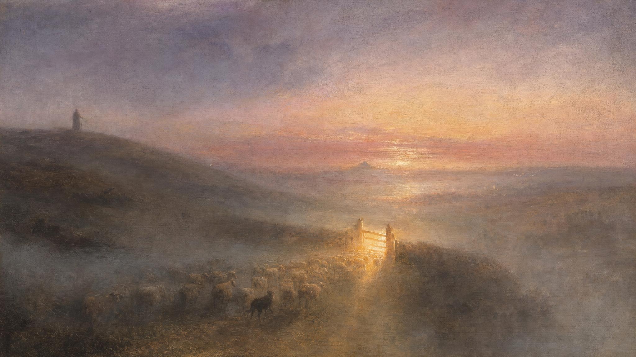 A sheepdog guides pale sheep through a gate lit gold, a distant shepherd watching from a slate-grey, rose-tinged hillside.