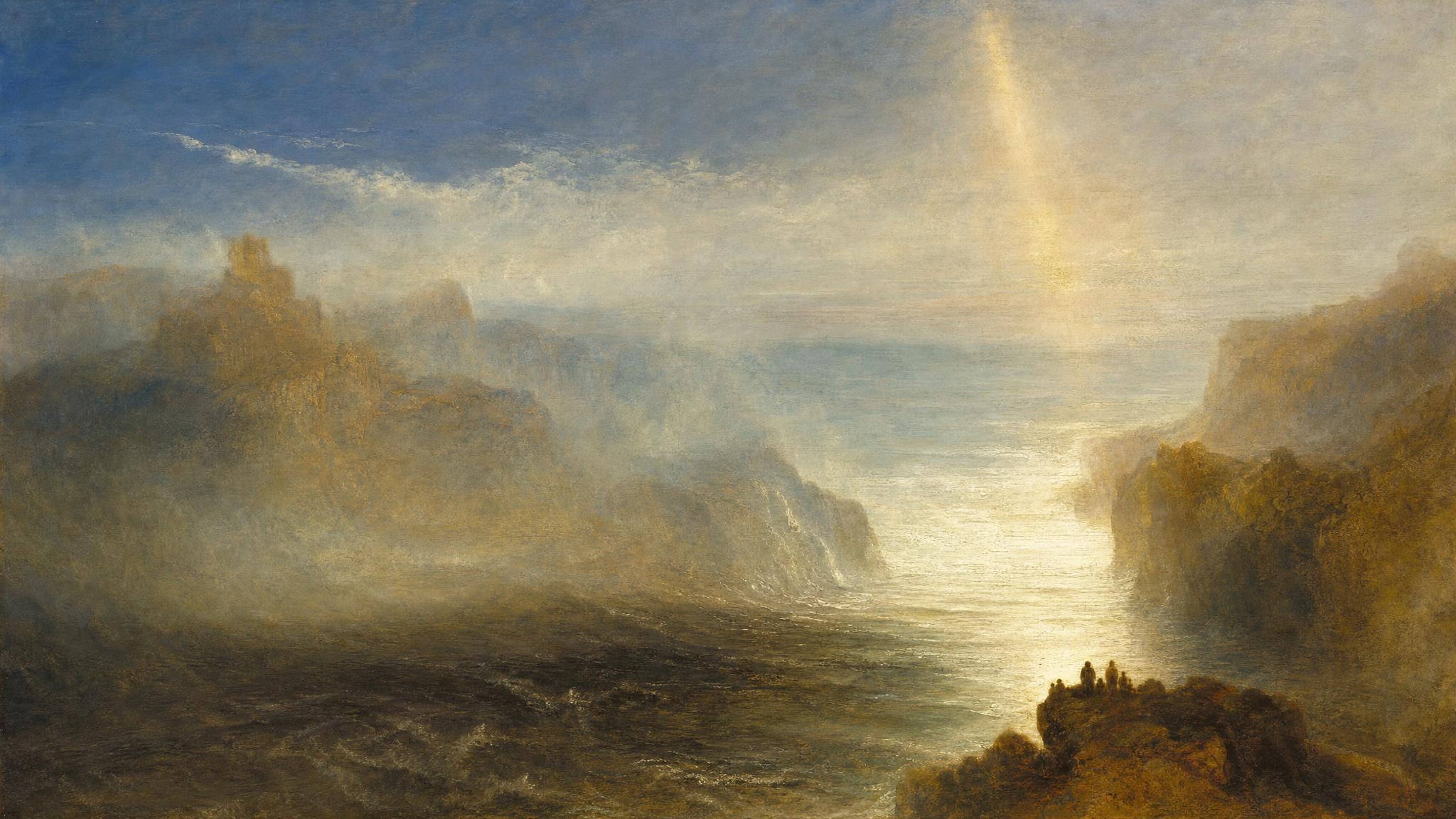 A silt-heavy river narrows through rock and emerges clear and luminous, copper light breaking through silver-blue mist.