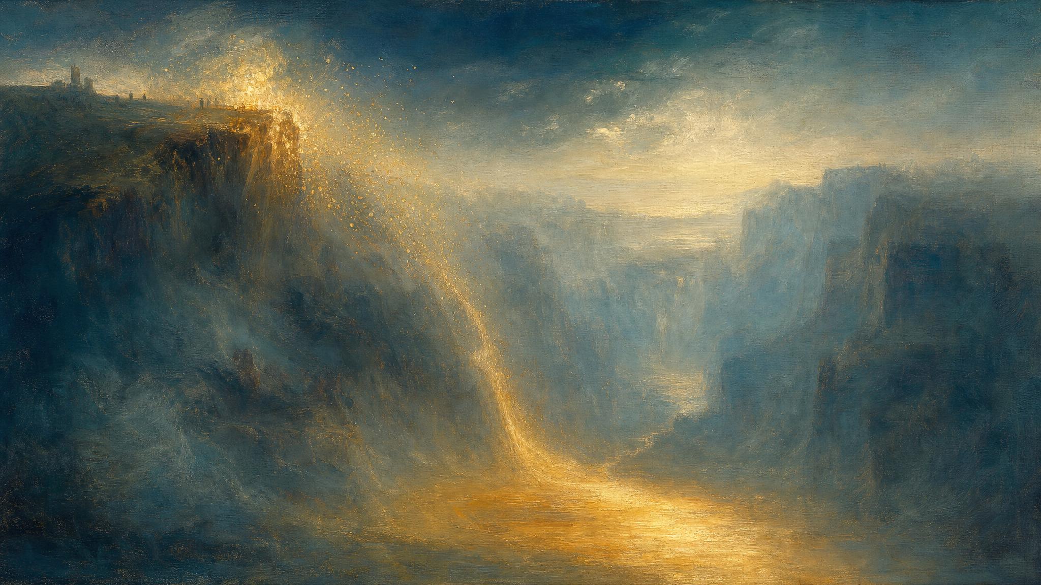 Scattered golden grains of light fall through a misty teal ravine, converging into one glowing amber stream at dusk.