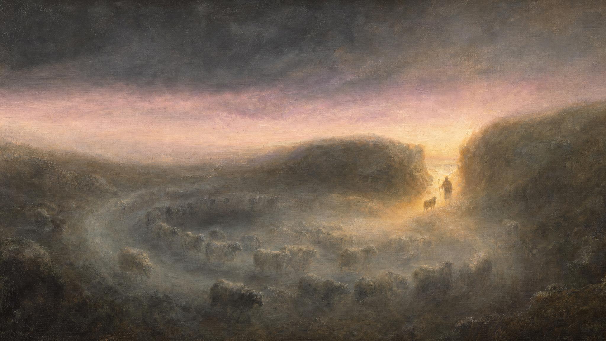 Sheep circle in grey mist within a hollow, one breaking toward golden lantern light held by a distant shepherd at dusk.