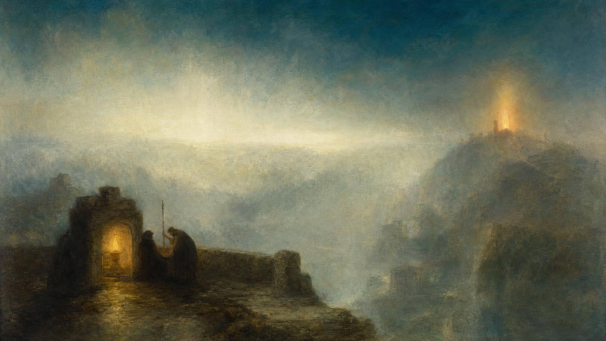 A small flame in a stone alcove is measured against a distant, hazier beacon fire across a teal misty valley.