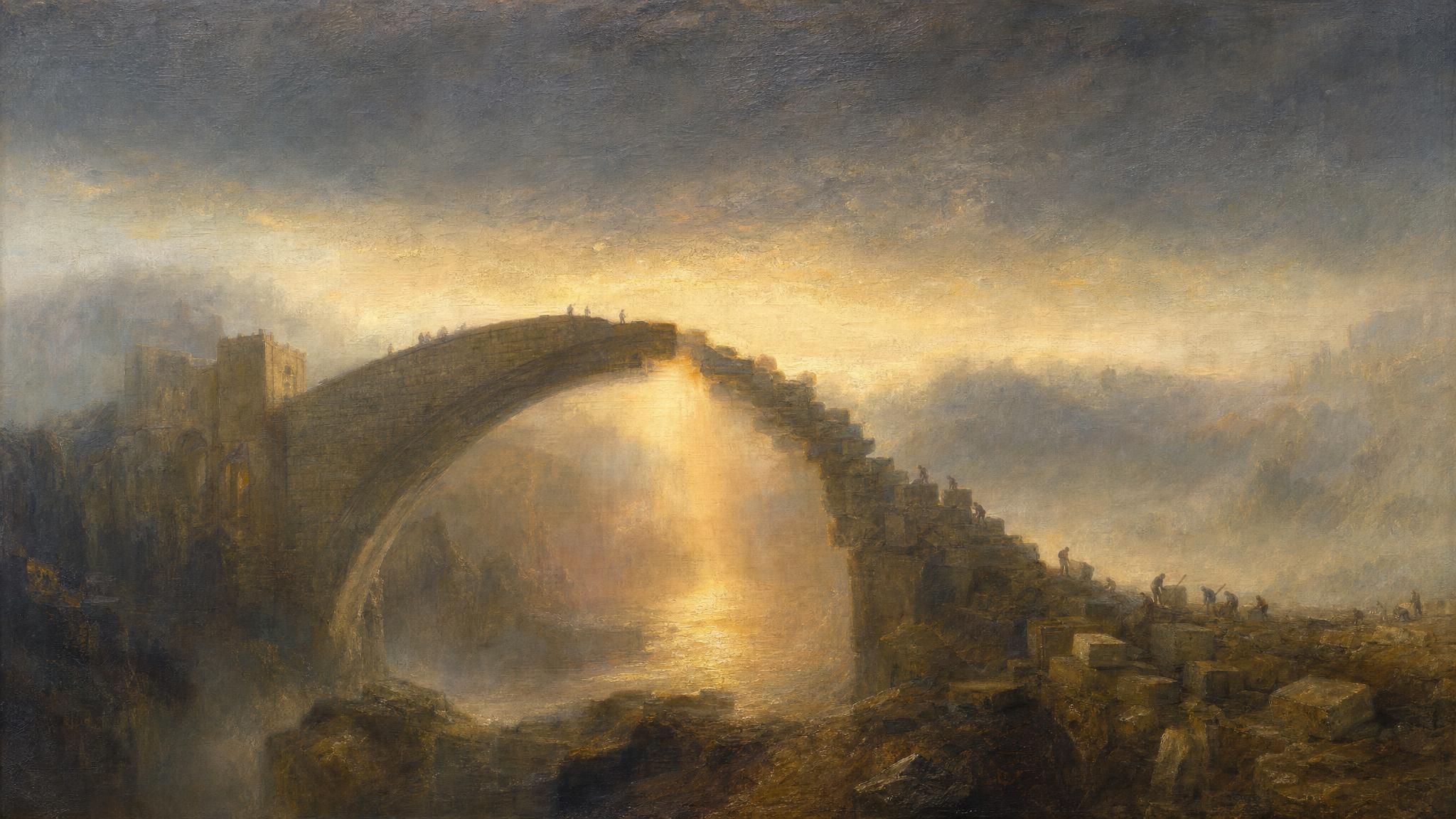 A half-built stone bridge across a misty valley, slate-grey sky breaking into warm gold light through the unfinished arch.