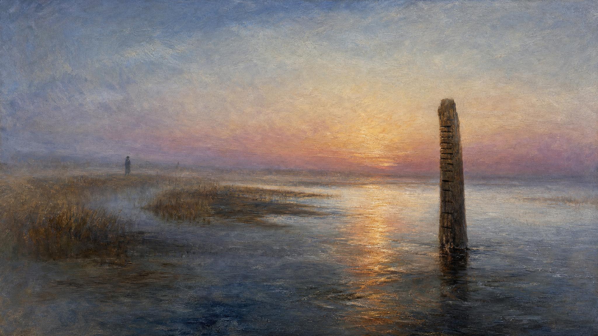 A weathered tide-marker post stands in a silver-blue estuary as the water rises unevenly past its old carved lines under a violet-rose dusk.