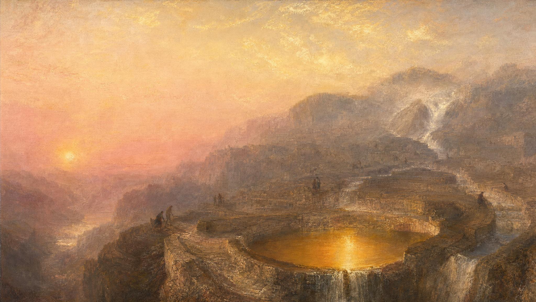 Ancient stone terraces channel scattered mountain streams into one glowing amber pool beneath a rose-gold dawn sky.