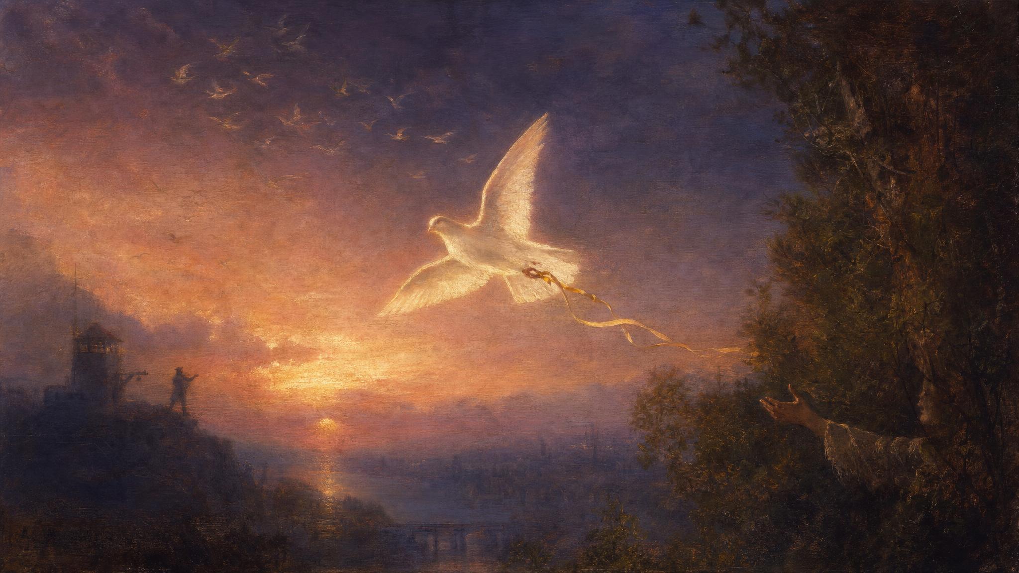 A pale dove veers from its keeper toward a shadowed hand at violet dusk, an amber ribbon glowing on its leg.