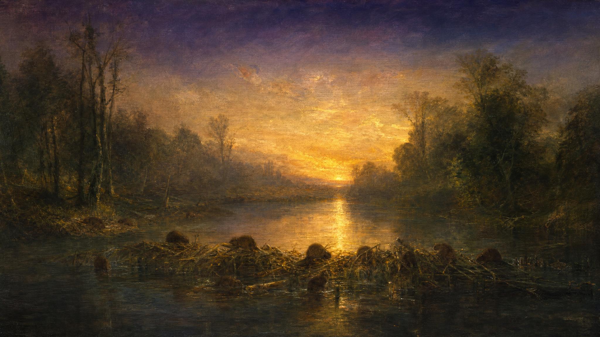 Beavers work together weaving a dam across a forest river at dusk, deep greens meeting a glowing amber horizon.