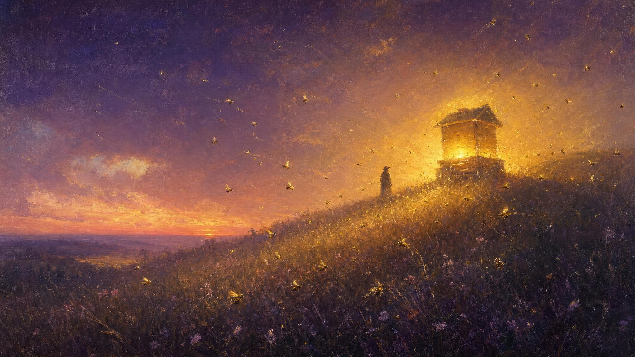 Scattered bees cross a violet dusk meadow toward a warmly glowing hive, amber light spilling over a quiet hillside.