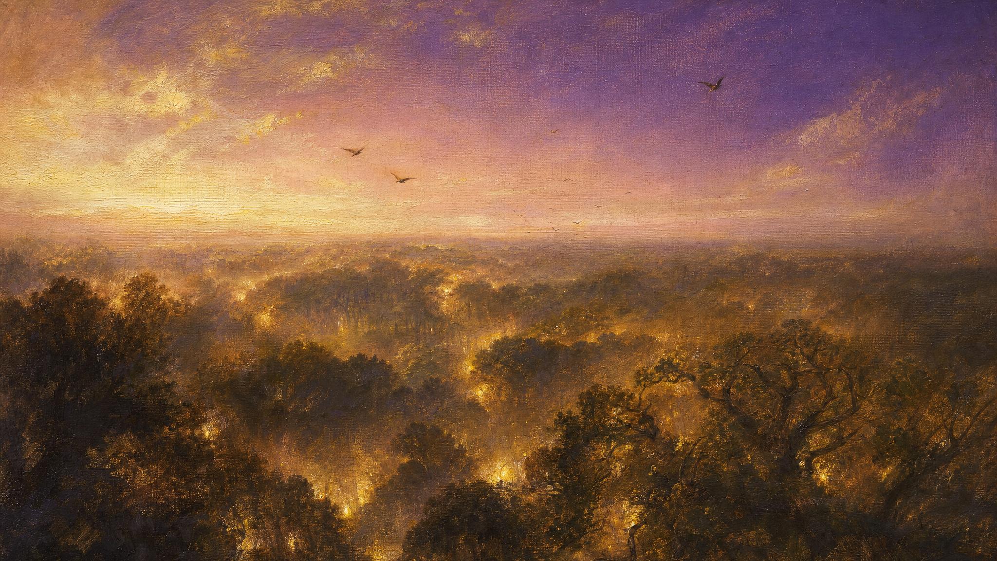 Violet dusk forest where a few birds fly above, while hidden amber light glows beneath a canopy full of unseen roosting birds.