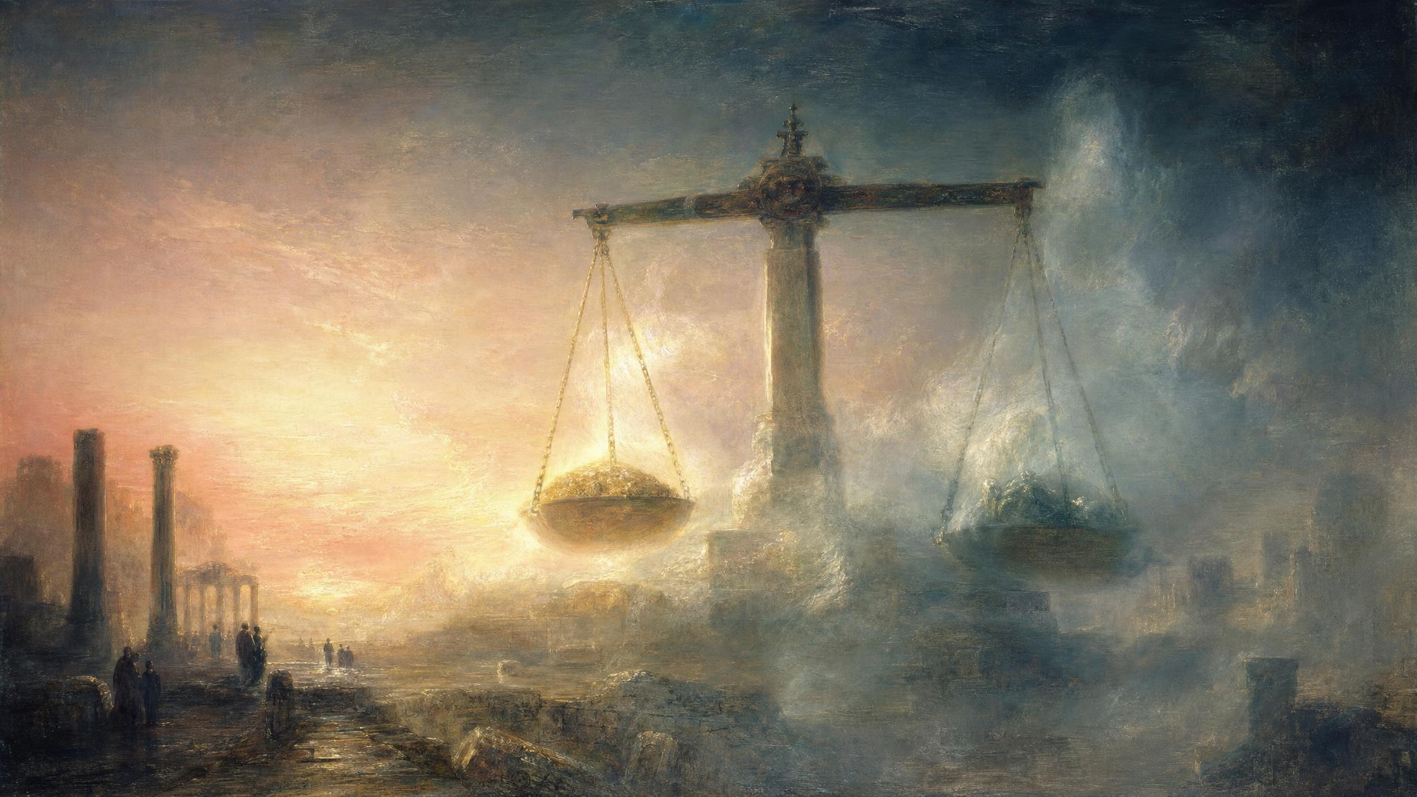 An ancient stone scale stands in teal mist, one pan lit gold as fog clears to reveal its hidden weight at dawn.