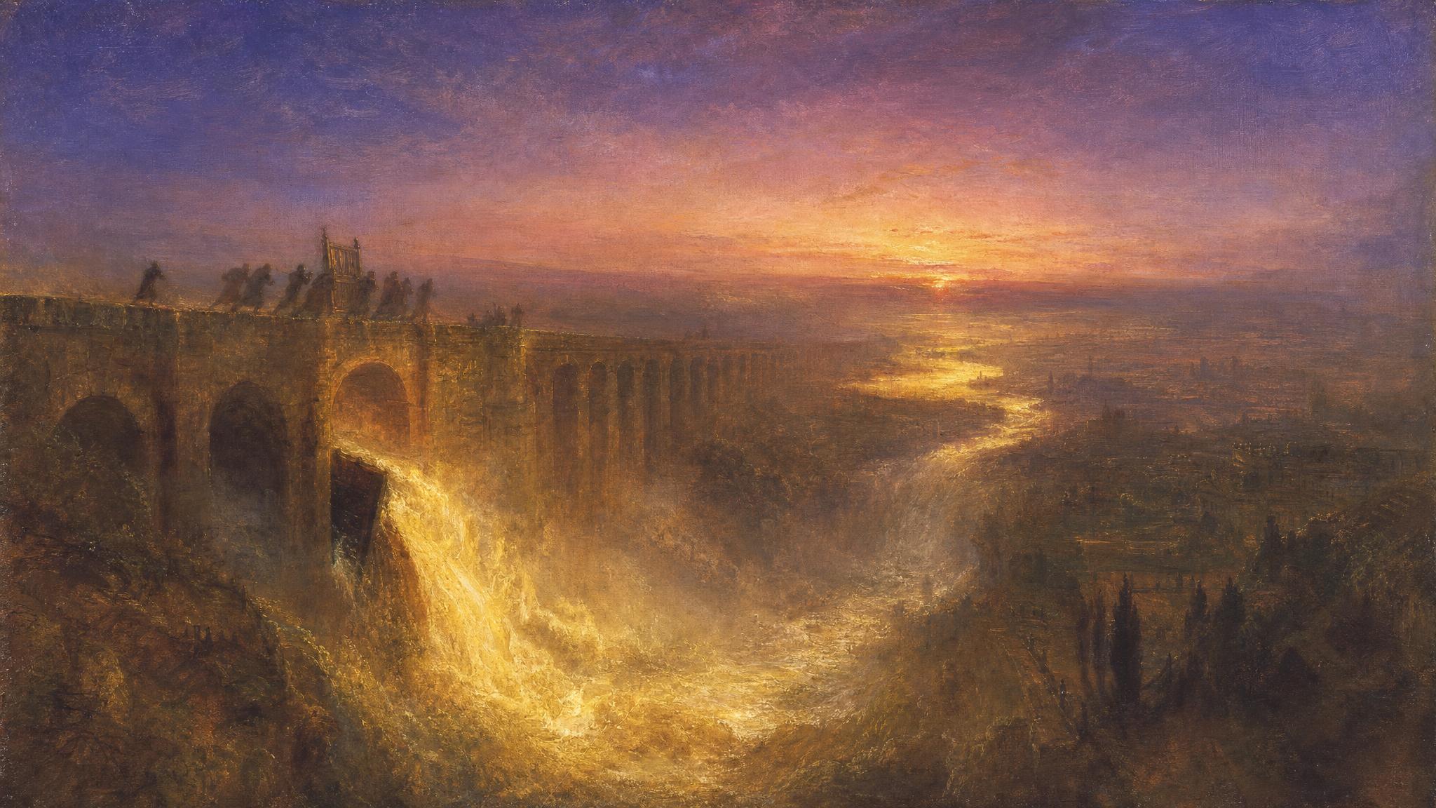 Water bursts from a cracked ancient aqueduct at violet dusk, racing ahead as distant figures rush to close the broken gate.
