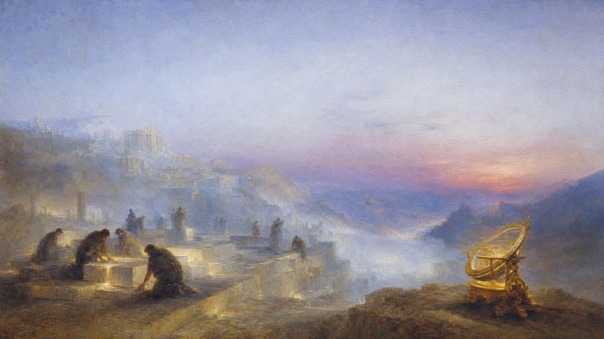 Silhouetted figures carefully lay foundation stones as a gilded instrument sits idle nearby under a silver-blue and rose dawn sky.