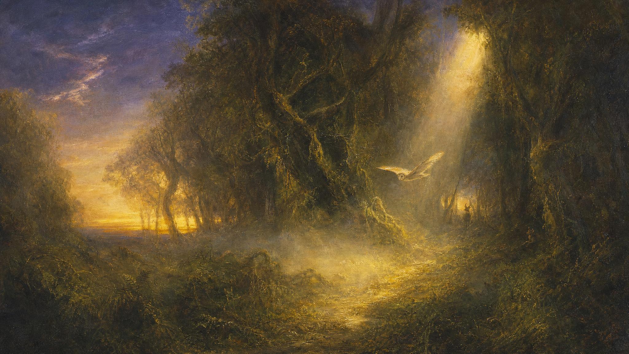 A barn owl glides through an ancient green forest, amber light revealing a hidden path beneath violet dusk and gold horizon.