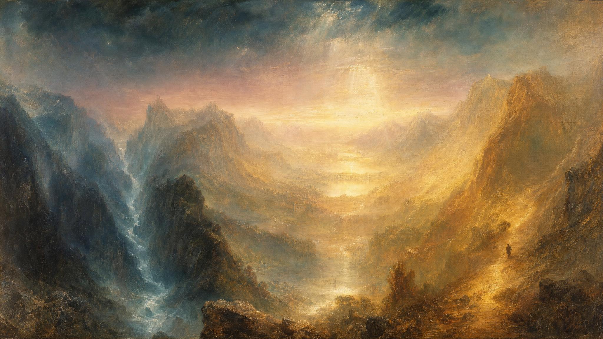 Two mountain passes, one swift and teal-misted, one open and gold-lit with a tiny walking figure, converge in a glowing valley.
