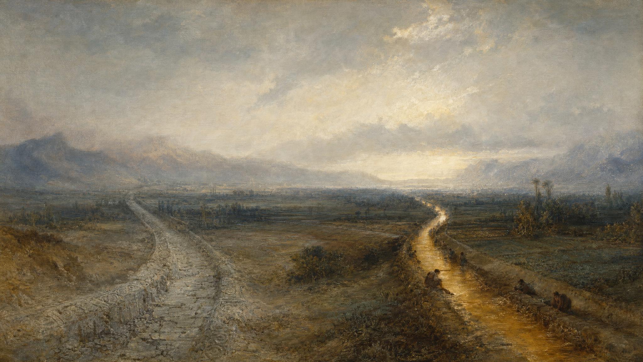 A cracked, abandoned stone channel lies dry beside a glowing amber stream tended by small figures in a silver-blue valley.