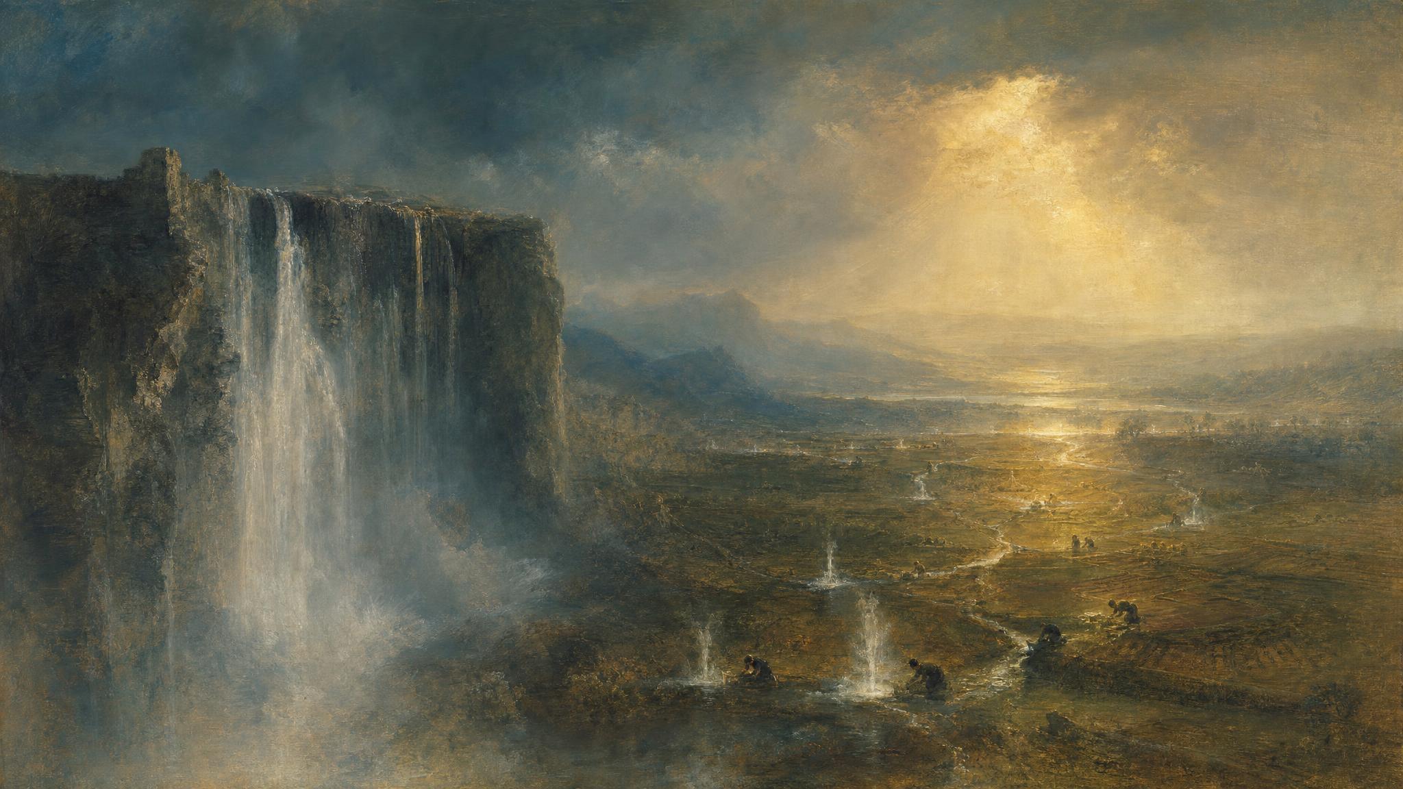 A grand waterfall thins to mist on a crumbling cliff while small golden-lit springs quietly feed a teal misted valley below.