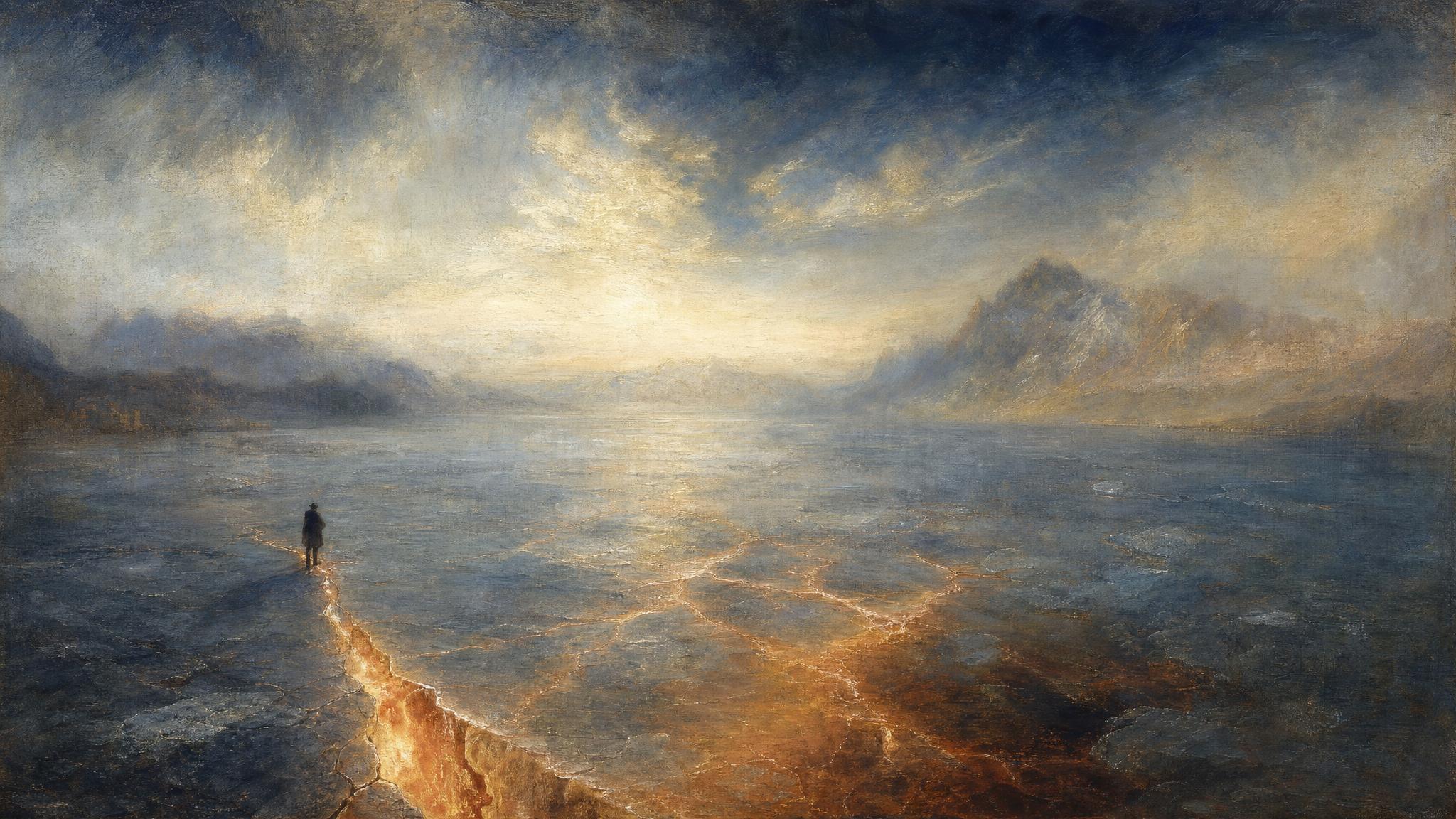 A lone silhouette stands by a glowing crack in a frozen lake, copper light rising through silver-blue ice toward a dusk sky.