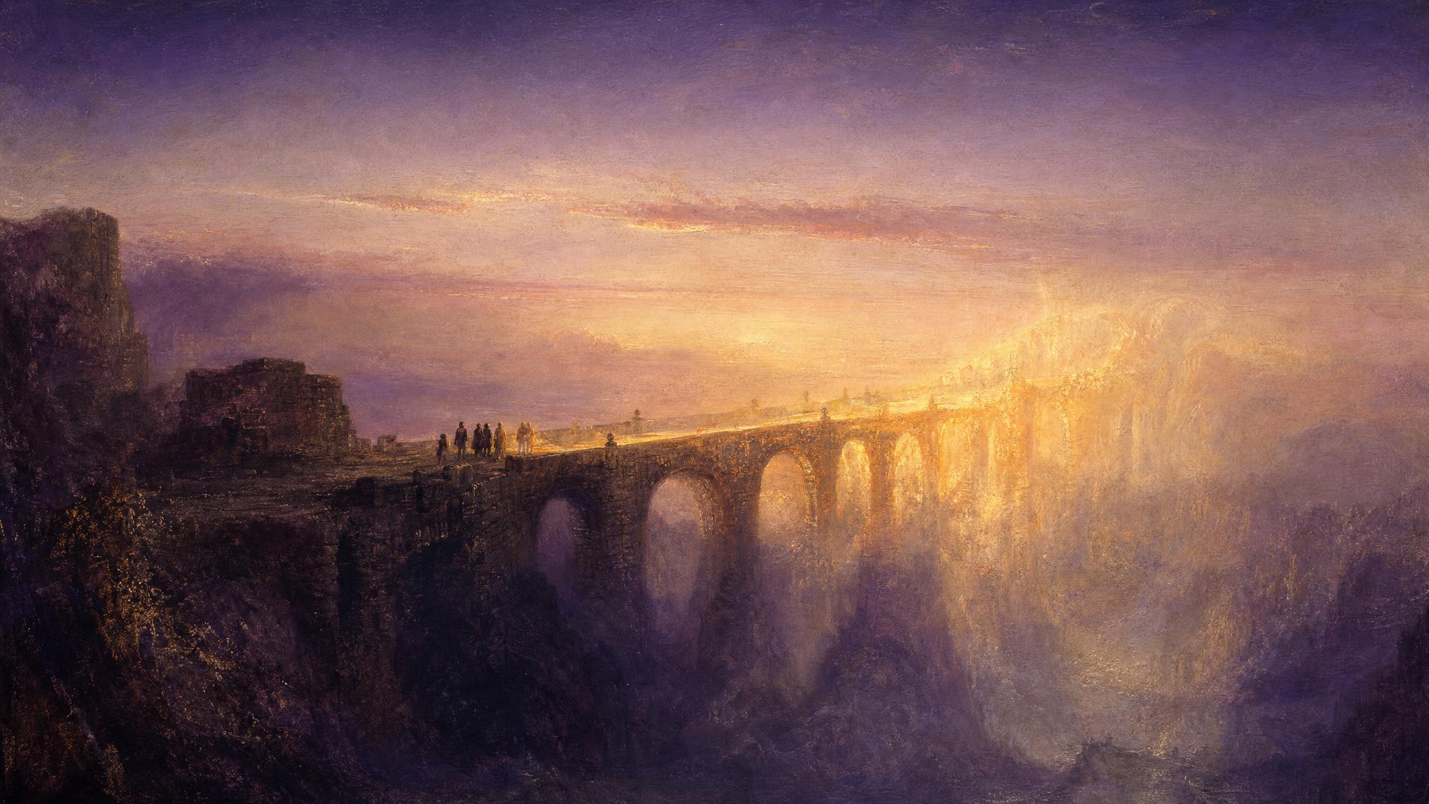 Silhouetted figures hesitate on a stone bridge half-dissolved into golden light over a violet dusk chasm.