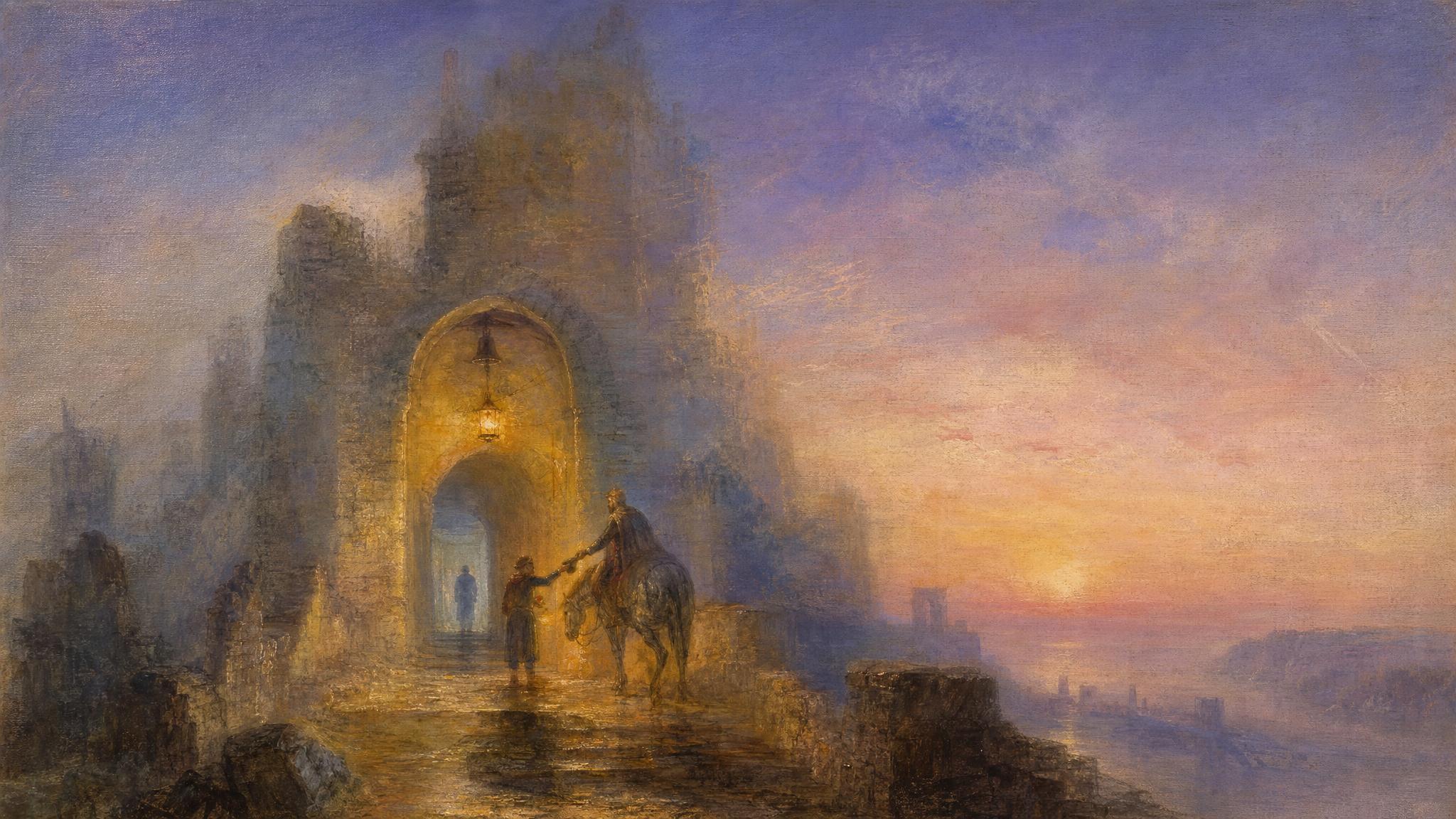 A glowing lantern at an ancient stone gatehouse catches a rider's arrival as violet-rose dusk light fills the sky.