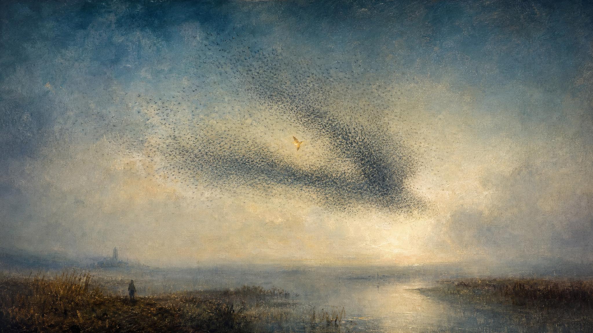 A teal-misted sky where starlings bend gently to absorb one faltering bird glowing amber, above a still misty estuary.