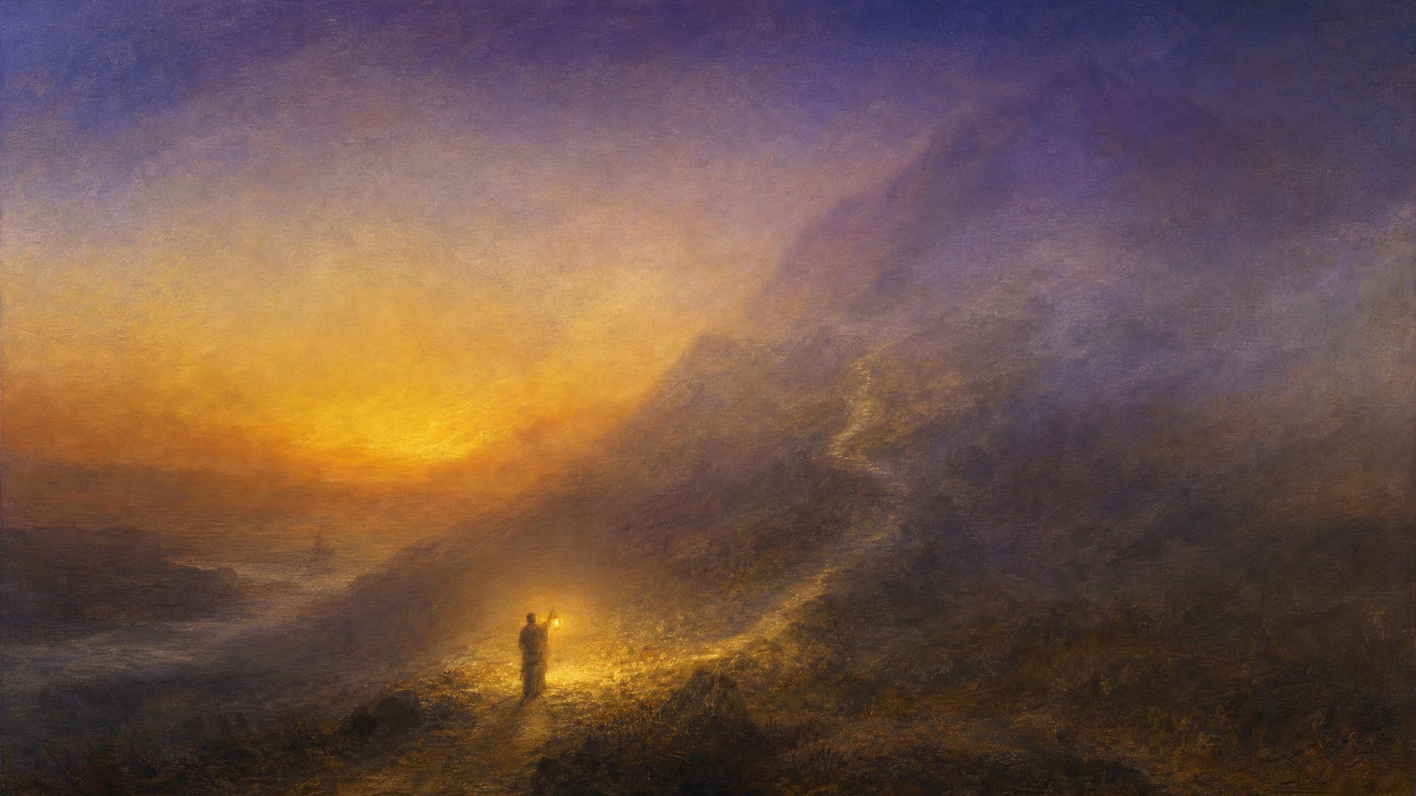 A small silhouetted traveller lights a lantern at a mountain's base, its warm amber glow fading into violet dusk above.