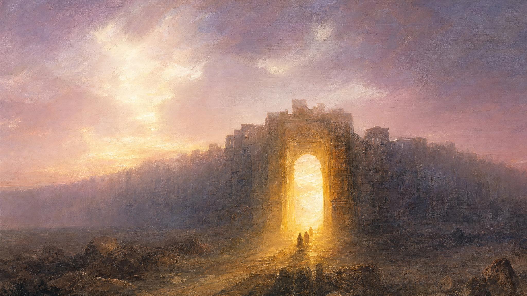 Small figures walk through a glowing stone gateway in a vast wall, golden light meeting a pale rose dawn sky.