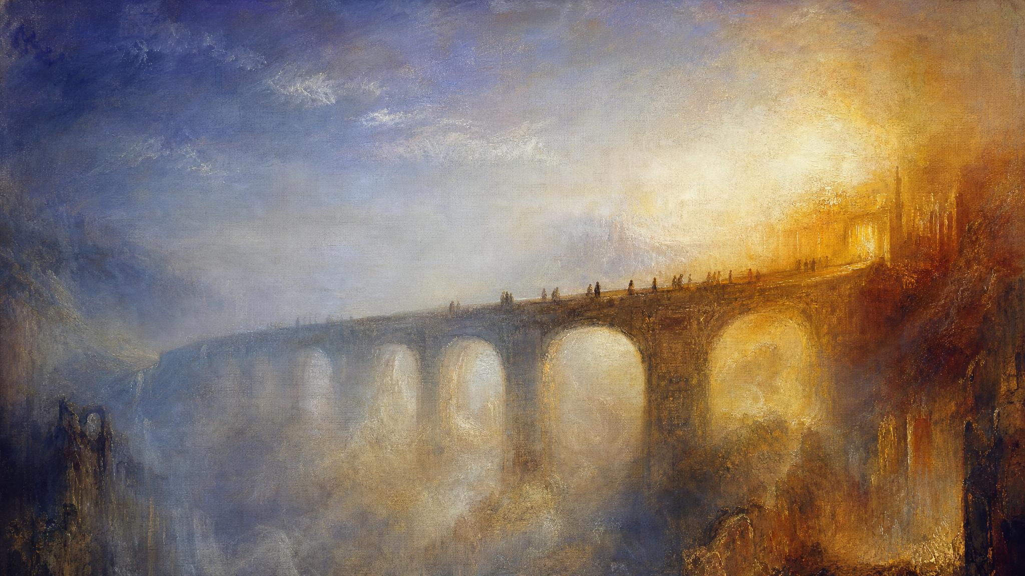 A stone bridge glows amber-gold at one end while the far side fades into silver-blue mist, small figures crossing between them.