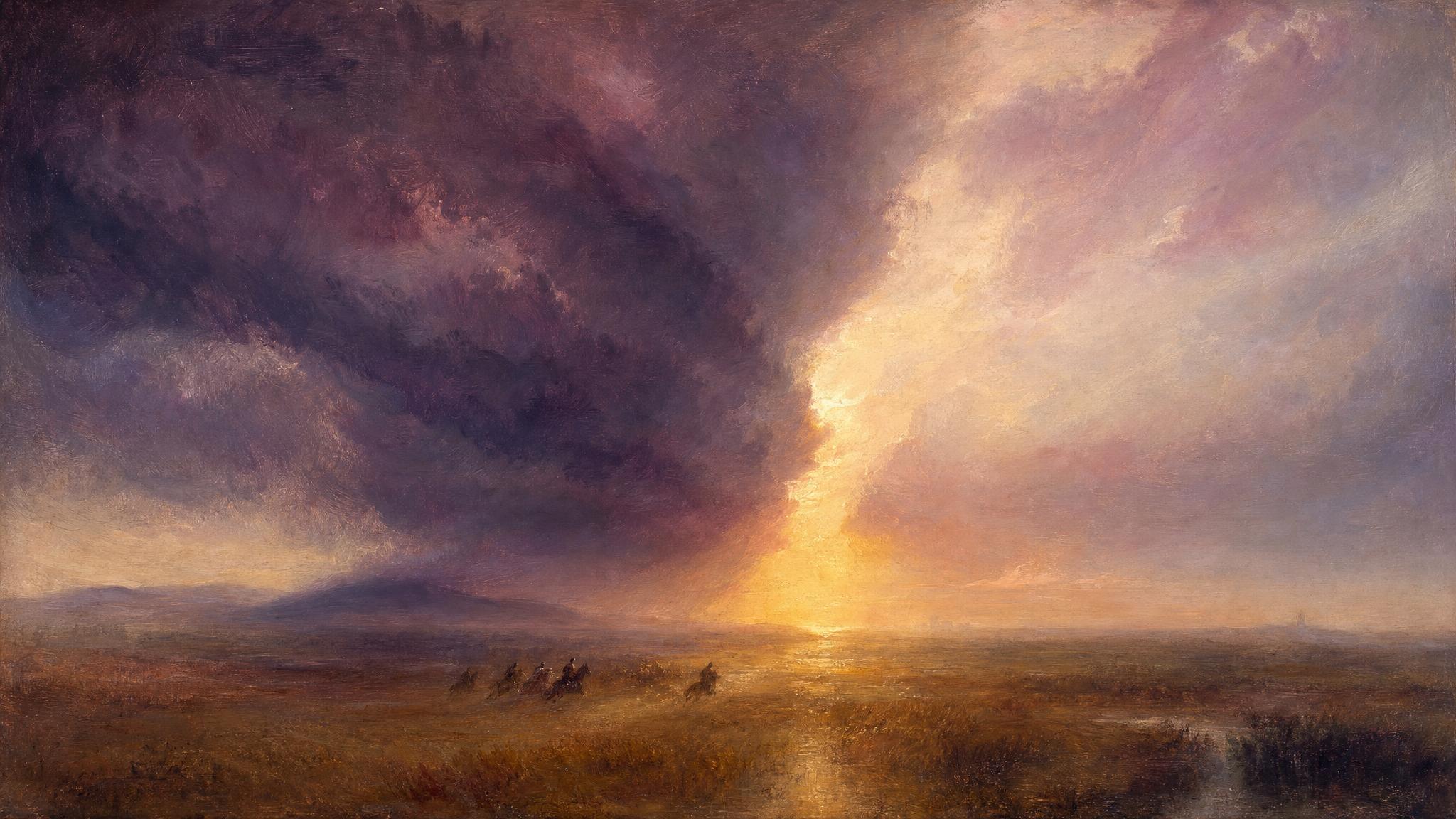 A shrinking seam of golden light closes between violet storm clouds over a plain as tiny figures race toward it.
