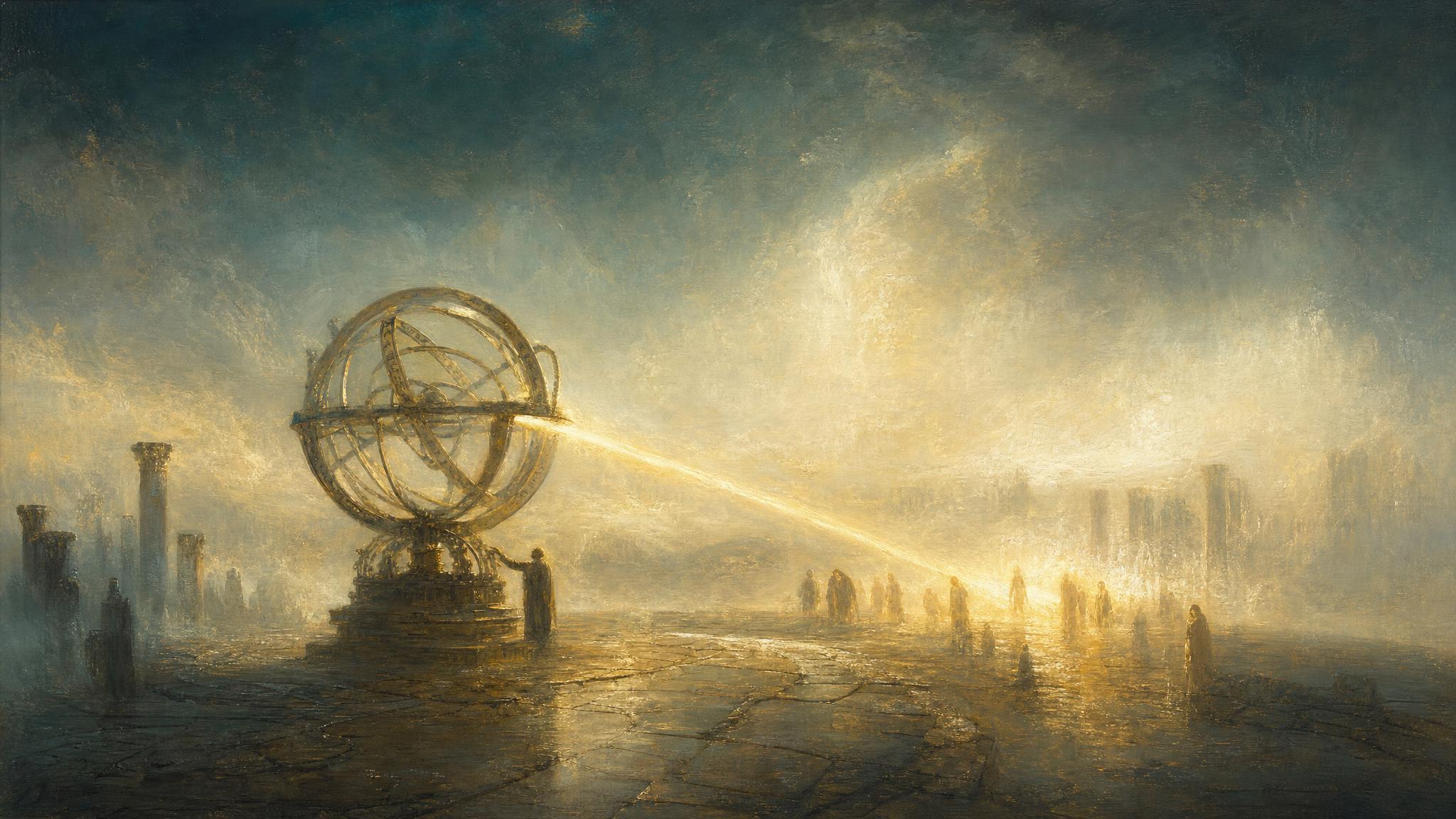 An ancient armillary sphere casts an amber beam over misty silhouetted figures in a teal-shadowed stone courtyard.