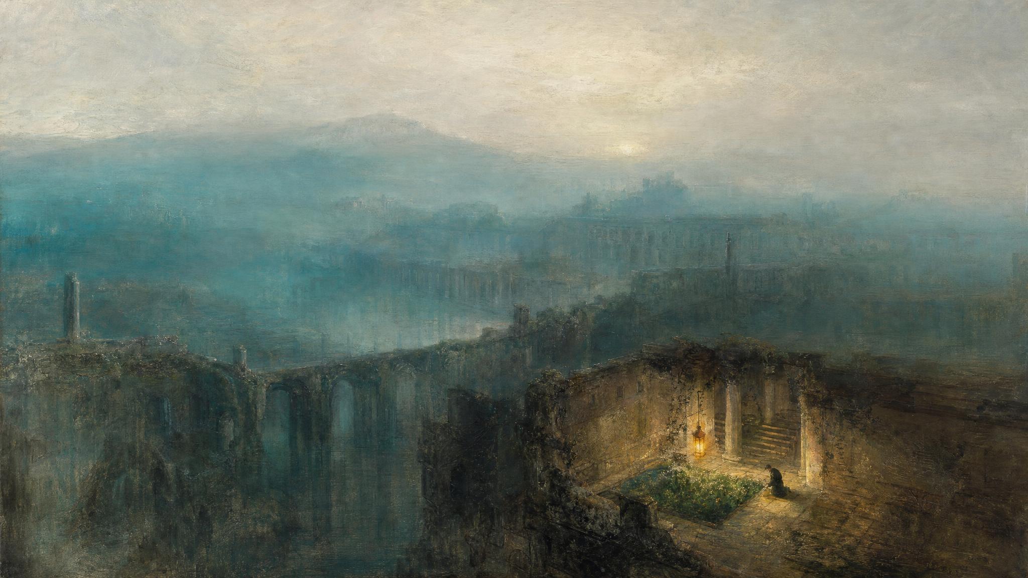 A small cleared, glowing courtyard with amber light sits amid a vast misted teal-grey ruin, a tiny figure tending it.