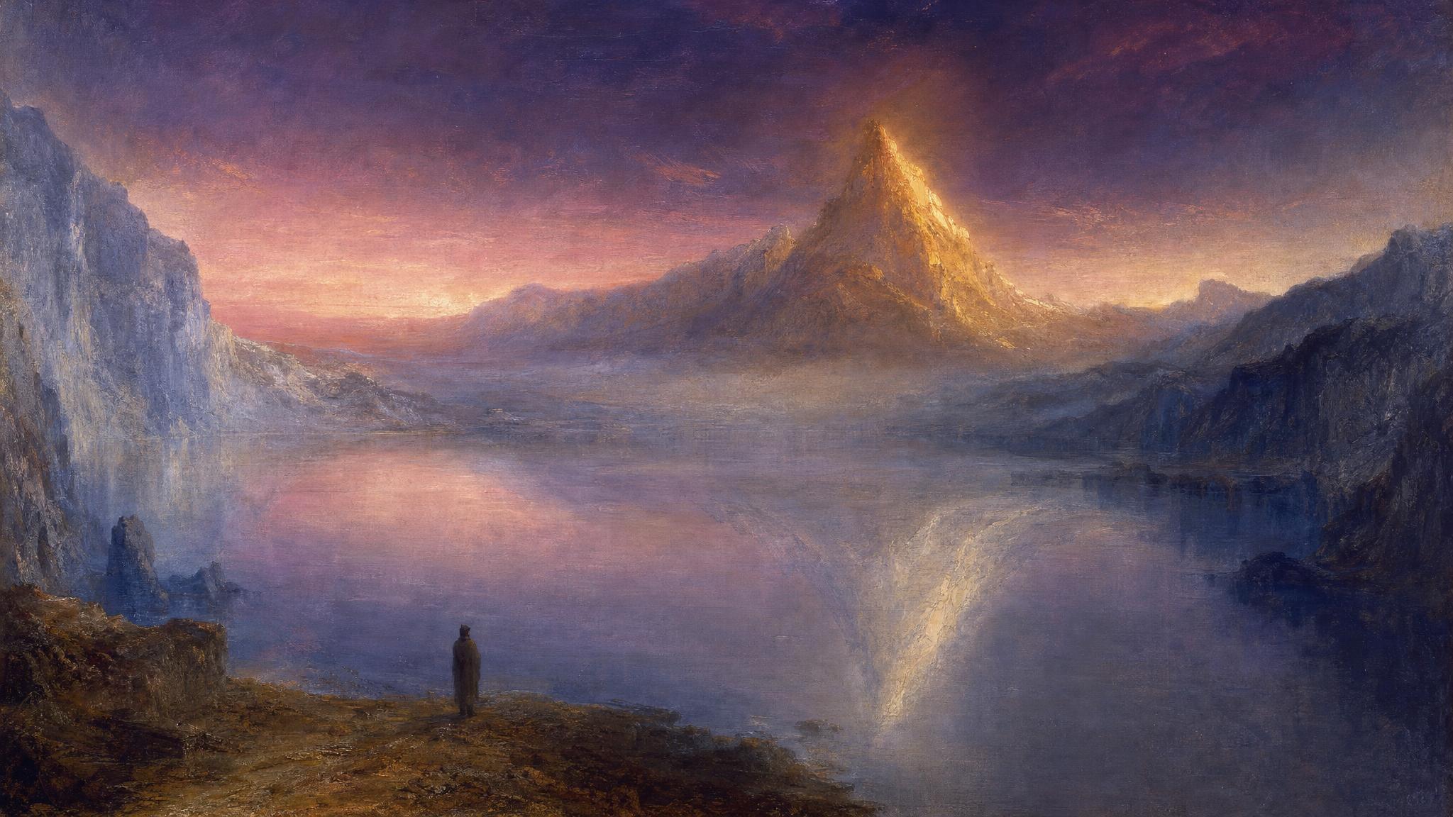 A golden sunlit peak glows above a still lake whose pale reflection dissolves into silver-blue mist beneath a violet and rose dusk sky.