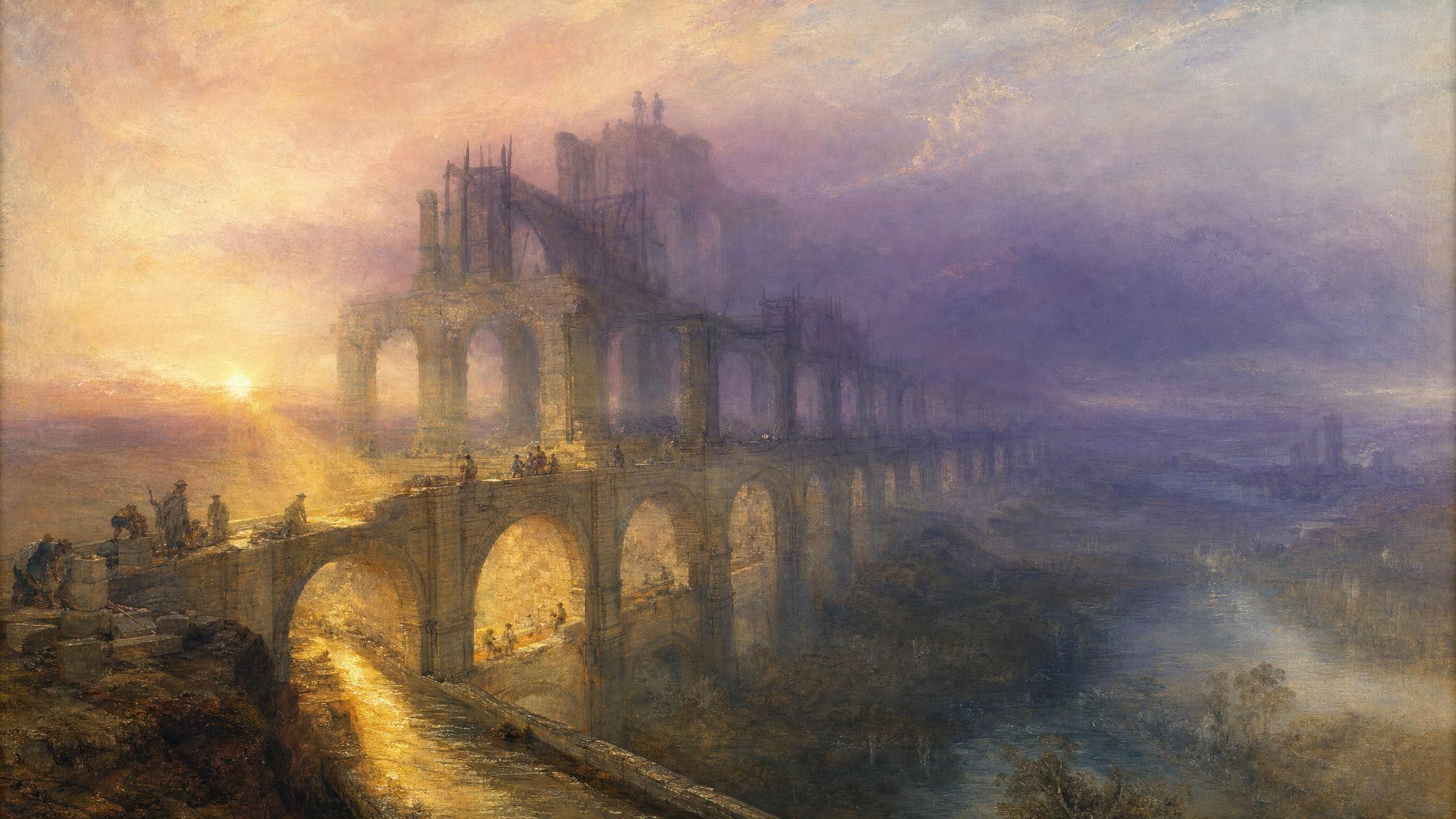 An ancient aqueduct's sunlit lower arches channel glowing water while its unfinished top dissolves into violet-rose mist.