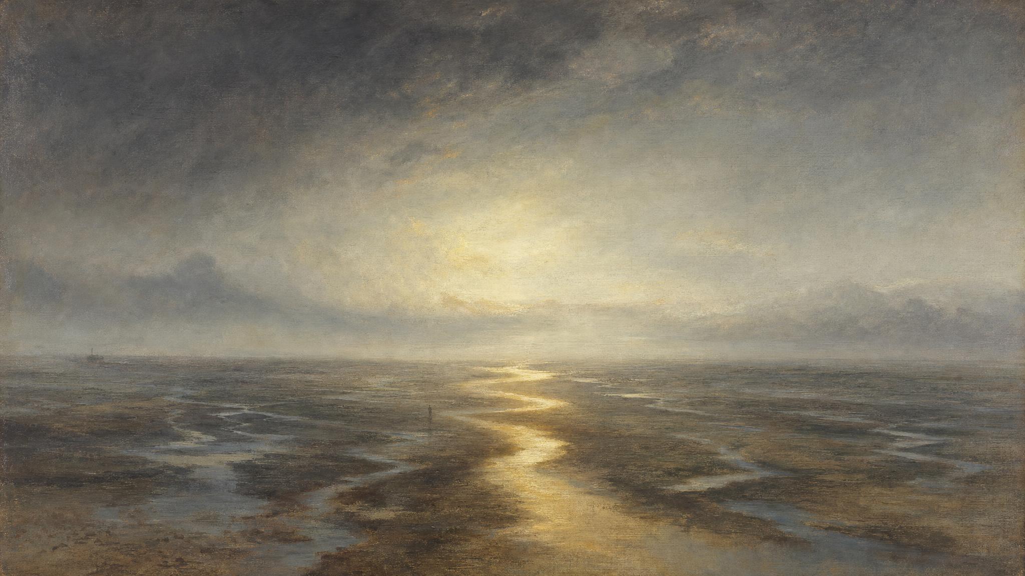 Scattered silver rivulets across a misty grey plain converge into one glowing gold channel beneath an overcast dawn sky.