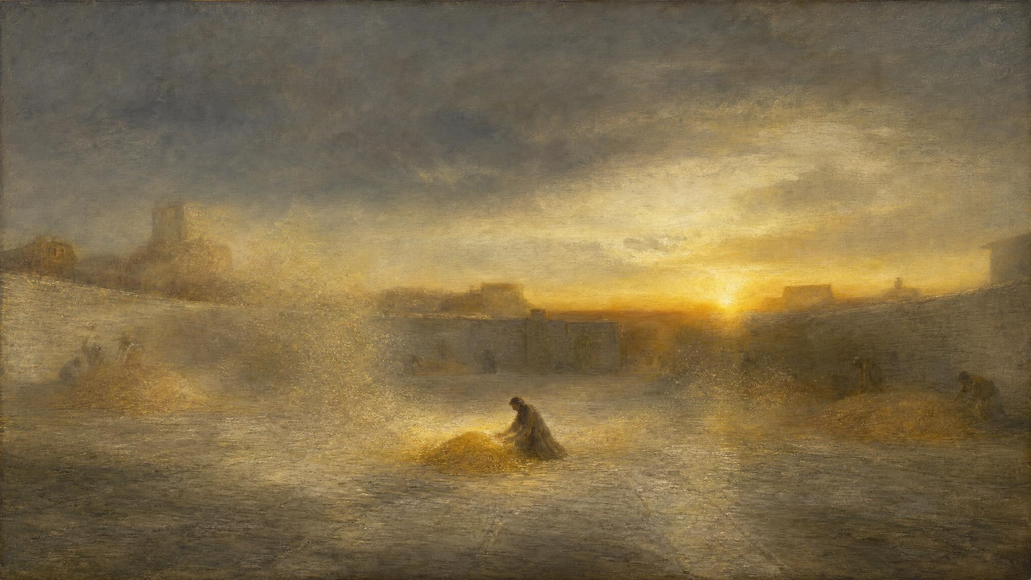 Chaff drifts from an ancient threshing floor under a slate sky as a small figure sifts a glowing heap of golden grain.