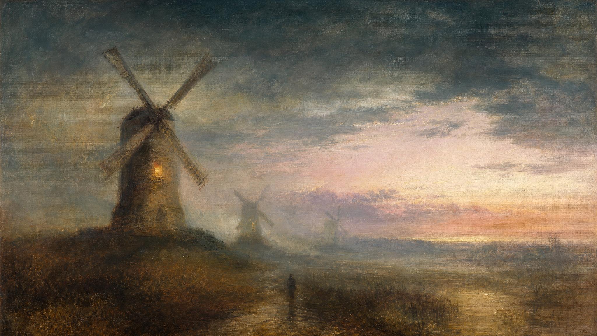 Windmill sails turn unaided in still teal mist at dusk, a lone amber lantern glowing as a distant figure watches.