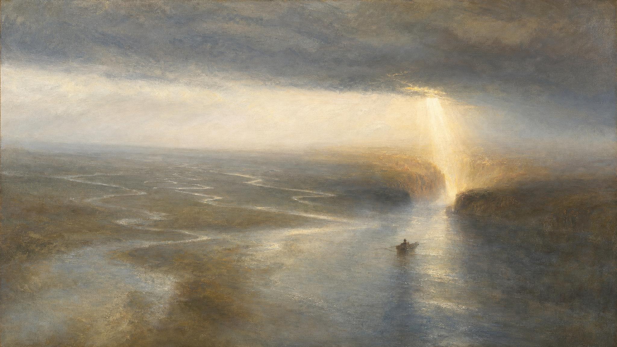 Thin silver streams merge into one river as golden light reveals a ravine ahead, a tiny boat adjusting course in misty silver-blue light.