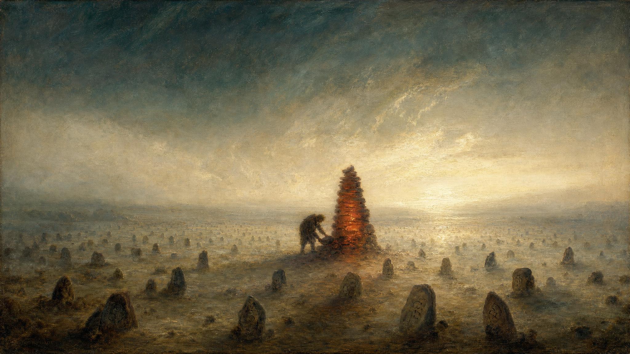 A small silhouetted figure gathers countless scattered stones on a misty teal plain into one glowing rust-red cairn of order.
